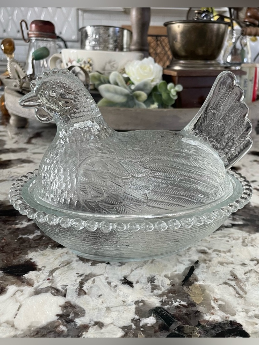 Vintage Indiana Glass Hen on Nest  Dish – Clear Glass Candy Dish - Like New